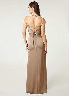 Azazie Desi Bridesmaid Dresses Taupe Sheath Halter Corset Stretch Satin Dress image2