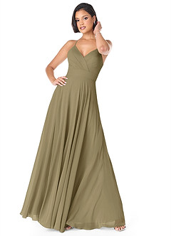 Azazie Avelina Robes de demoiselle d'honneur Robe Trapèze en Mousseline de soie Col V plissé Vert Mousse image1