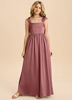 Azazie Hattie Junior A라인 주름진 스트레치 새틴 플로어 길이 주니어 신부 들러리 드레스 image8