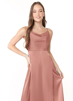 Azazie Naomie Bridesmaid Dresses Rosette A-Line Cowl Neckline Side Slit Stretch Satin Dress image5
