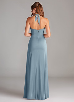 Azazie Elliana Robes de demoiselle d'honneur Robe Trapèze en Satin extensible Fente Latérale Bleu Poussiéreux image6
