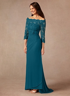 Azazie Rhonda Mother of the Bride Dresses Ink Blue Mermaid Off the Shoulder Mesh Dress image4