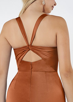 Azazie Mero Bridesmaid Dresses Copper Sheath Pleated Stretch Satin Dress image2