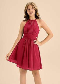 Azazie Bonnie Junior Scarlet A-Line Pleated Chiffon Dress image5