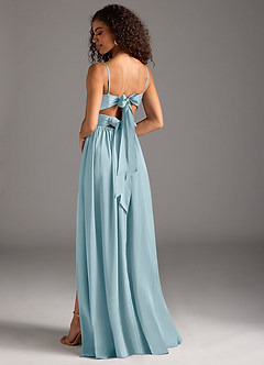 Azazie Zeya Robes de demoiselle d'honneur Robe Trapèze en Satin extensible Plissée Bleu Maussade image1