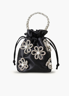 front Bolso tipo cubo de satén con flores y diamantes de imitación