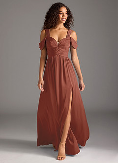 Azazie Lianne Bridesmaid Dresses Auburn A-Line Off the Shoulder Stretch Satin Dress image2