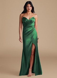 Azazie Yola Bridesmaid Dresses Dark Green Sheath Pleated Metallic Satin Dress image1