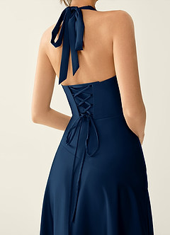 Titania Navy Satin V-neck Ruffled Prom Dress image5
