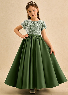 Azazie Cashew Flower Girl Dresses Olive Ball-Gown with Sleeves Matte Satin Dress image2