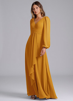 Azazie Liah Brautjungfernkleider A-Linie Langarm Chiffon Kleid Butterscotch image4