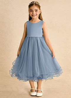 Azazie Lass vestidos de niña de las flores Vestido de Azul Polvoriento de Tul de Corte En A con Lazo image2