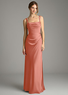 Azazie Alouette Bridesmaid Dresses Salmon Pink Mermaid Pleated Stretch Satin Dress image3