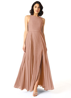 Azazie Lindie Bridesmaid Dresses Champagne Rose A-Line Scoop Pleated Chiffon Dress image1