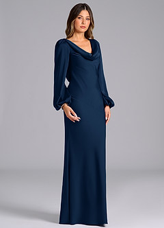 Azazie Rylina Vestidos de damas de honor Vestido de Azul Marino Oscuro de Satén Elástico de Corte Sirena con Manga larga image3