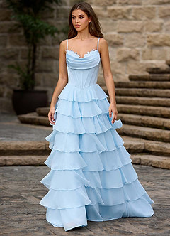 Floralace Sky Blue Ruffled A-line Prom Dress image3