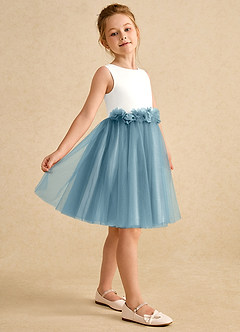 Azazie Louisa Abiti da Ragazza di Fiori Abito A-Line in Tulle Senza Maniche Avorio Blu Lunatico image5