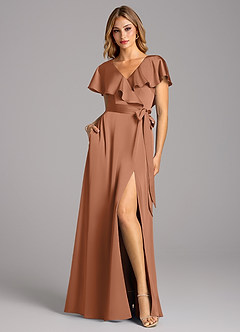 Azazie Lainey Robes de demoiselle d'honneur Robe Trapèze en Satin extensible avec poches Bronze image3