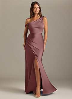 Azazie Madelyn Bridesmaid Dresses Vintage Mauve Mermaid Off the Shoulder Stretch Satin Convertible Dress image1