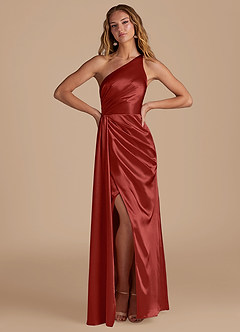 Azazie Mika Bridesmaid Dresses Rust Sheath One Shoulder Metallic Satin Dress image3