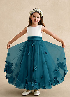 Azazie Vi Vestidos de florista Vestido Tinta Azul de Tule de Linha A com Sem mangas image5