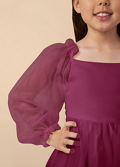 Azazie Aya Flower Girl Dresses Mulberry A-Line with Sleeves Tulle Dress image3