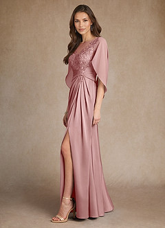 Azazie Hera Mother of the Bride Dresses Dusty Rose A-Line Lace Stretch Satin Dress image2