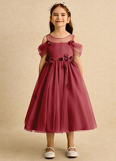Azazie Juni Flower Girl Dresses Pomegranate Ball-Gown Pleated Tulle Dress image5