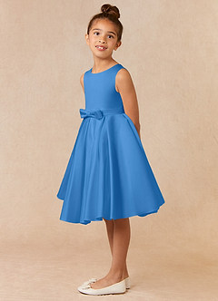 Azazie Coco Blumenmädchenkleider A-Linie Schleifen Matte Satin Kleid Blauhäher image2