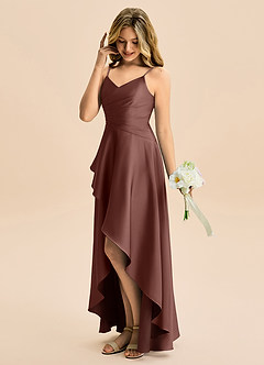 Azazie Eirlys Junior Abito A-Line in Raso Elasticizzato Plissettato Espresso image3