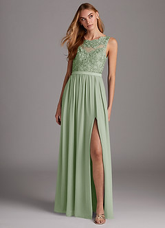 Azazie Elly Bridesmaid Dresses Dusty Sage A-Line Lace Scoop Neck Chiffon Dress image3