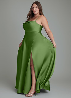 Azazie Elle Vestidos de damas de honor Vestido Albahaca de Satén Elástico de Línea A con Plisado image14