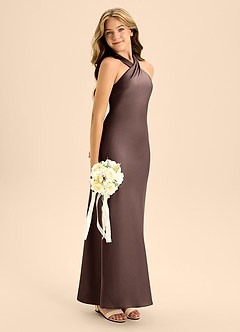 Azazie Doretta Junior Ganache A-Line Pleated Stretch Satin Dress image7