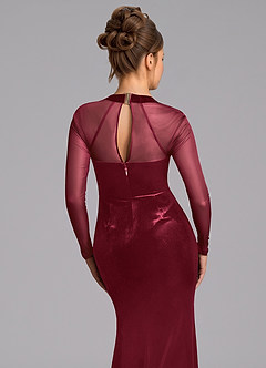Azazie Megan At-home Try On Dresses Burgundy Mermaid Long Sleeve Mesh Dress image5