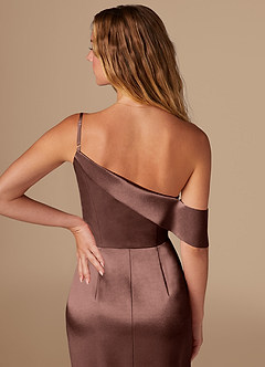 Azazie Lia Bridesmaid Dresses Espresso Sheath Off the Shoulder Metallic Satin Dress image2