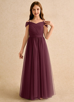 Azazie Yuna Girls Formal Abiti da Ragazza di Fiori Abito A-Line in Tulle Spalle Scoperte Cabernet image6