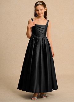 Azazie Mochi Girl Jurken voor bloemenmeisjes Baljurk Jurk van Mat Satijn Geplooid Zwart image5