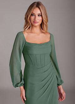 Azazie Charissa Bridesmaid Dresses Eucalyptus Sheath Long Sleeve Chiffon Dress image7