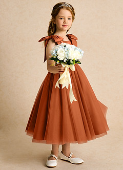 Azazie Serene Abiti da Ragazza di Fiori Abito Principessa in Raso Opaco Fiocco Arancia Bruciata image5