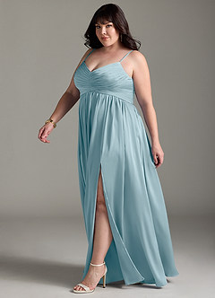 Azazie Alia Bridesmaid Dresses Moody Blue A-Line Pleated Stretch Satin Dress image13