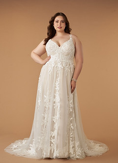 Azazie Delaina Wedding Dresses Diamond White Champagne A-Line V-Neck Sequins Tulle Dress image13