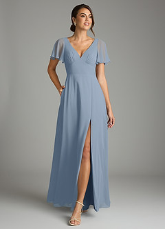 Azazie Kimber Bridesmaid Dresses Dusty Blue A-Line Flounce Sleeve Chiffon Dress image4
