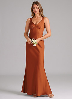 Azazie Kamila Robes de demoiselle d'honneur Robe Trapèze en Satin extensible Plissée Cannelle image4
