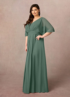 Azazie Oksana vestidos de madre de la novia Vestido de Musgo Marino de Gasa de Corte En A con Cuello en V Plisado image8