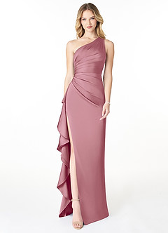 Azazie Latrice Bridesmaid Dresses Vintage Mauve Sheath One Shoulder Cascading Ruffles Stretch Satin Dress image1