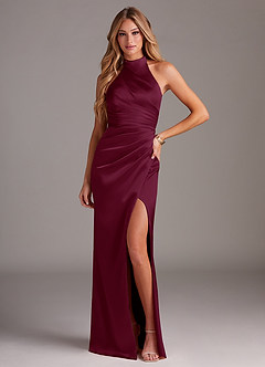 Azazie Jemma Bridesmaid Dresses Mulberry Sheath Pleated Stretch Satin Dress image1
