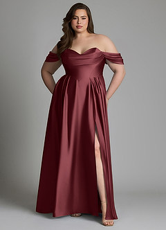 Azazie Loisa Robes de demoiselle d'honneur Robe Trapèze en Satin extensible Épaules dénudées Merlot image10