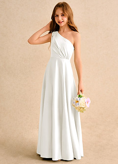 Azazie Puddles Junior Formal Blumenmädchenkleider A-Linie One-Shoulder Matte Satin Kleid Elfenbein image6