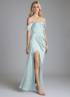 Azazie Amyra Bridesmaid Dresses Mist Mermaid Off the Shoulder Stretch Satin Convertible Dress image5