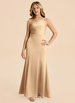 Azazie Ren Junior Champagne A-Line Pleated Stretch Satin Dress image4
